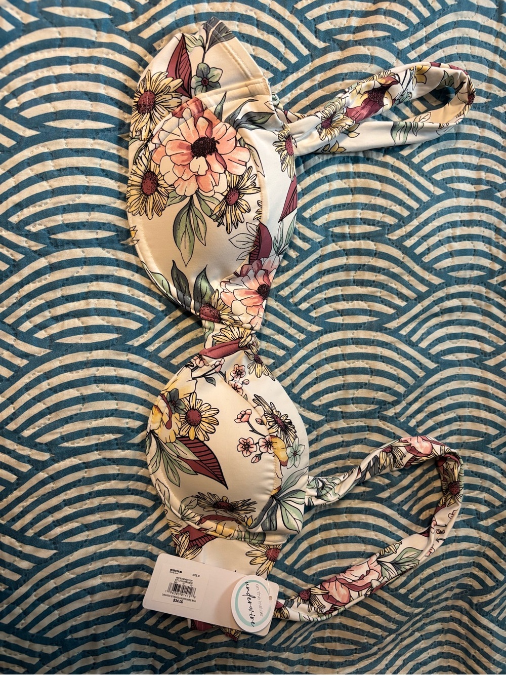 Floral Print Padded Bikini Top - White Base with Pink & Yellow Flowers